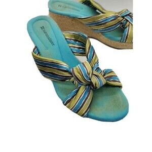Womens Sz 7.5 Espadrille Wedge Sandal Teal Blue Striped Open Toe Slid Fabric